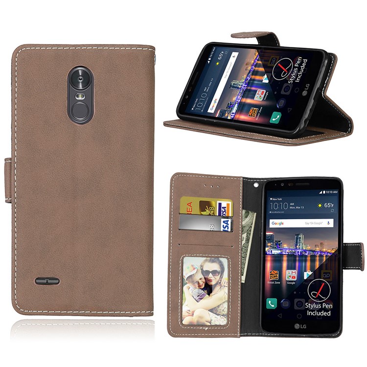For LG Stylus 3 Matte Magnetic Leather Flip Stand Mobile Phone Protective Case with Card Slots - Light Brown-1