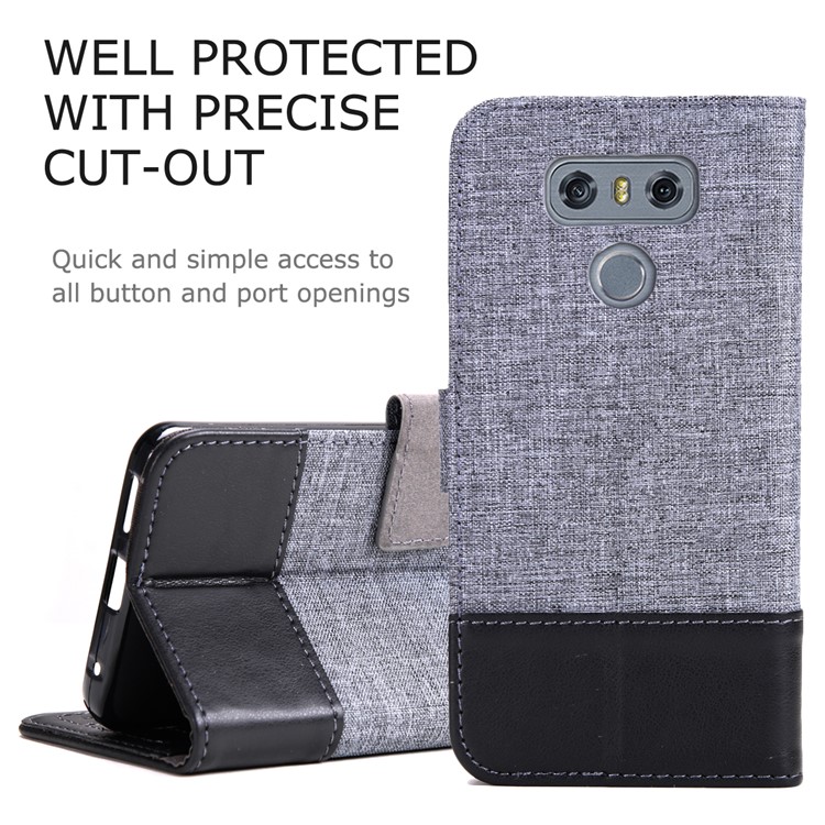 MUXMA Leather Folio Canvas Splicing Stand Phone Case for LG G6 - Black-14