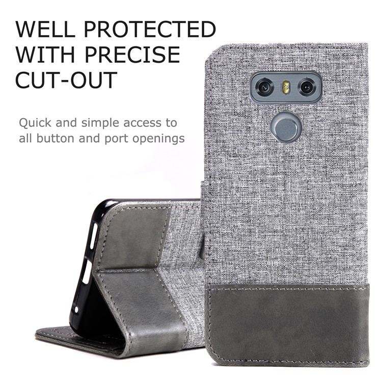 MUXMA Leather Folio Canvas Splicing Stand Phone Case for LG G6 - Black-6