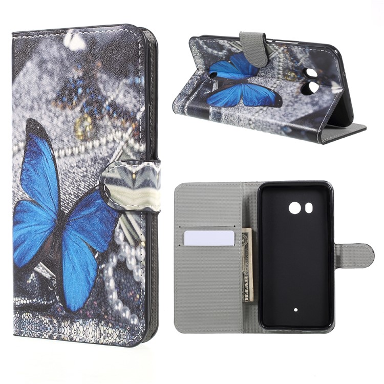 Pattern Printing Wallet Leather Stand Folio Case for HTC U11 - Blue Butterfly