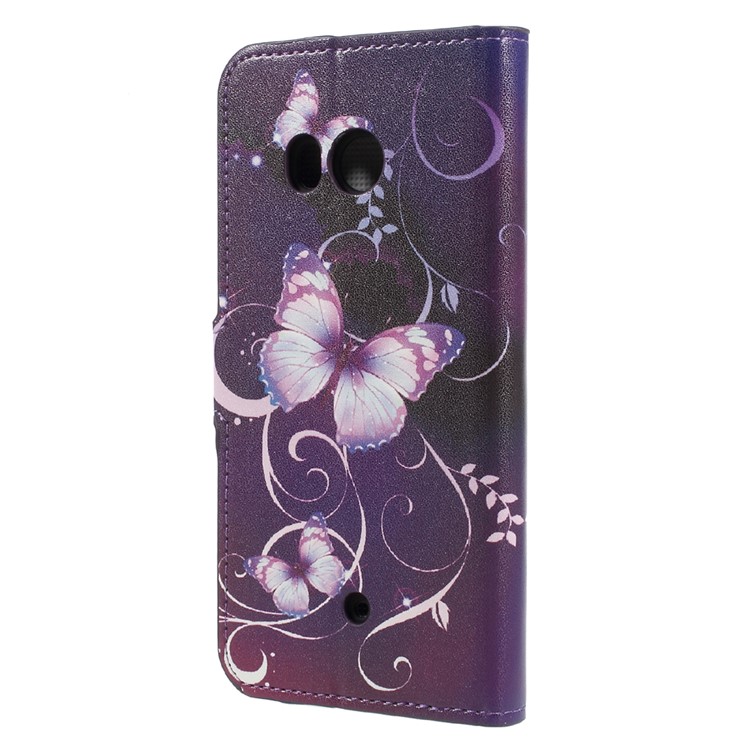 Patterned Card Holder Leather Stand Mobile Cover for HTC U11 - Purple Butterflies-2