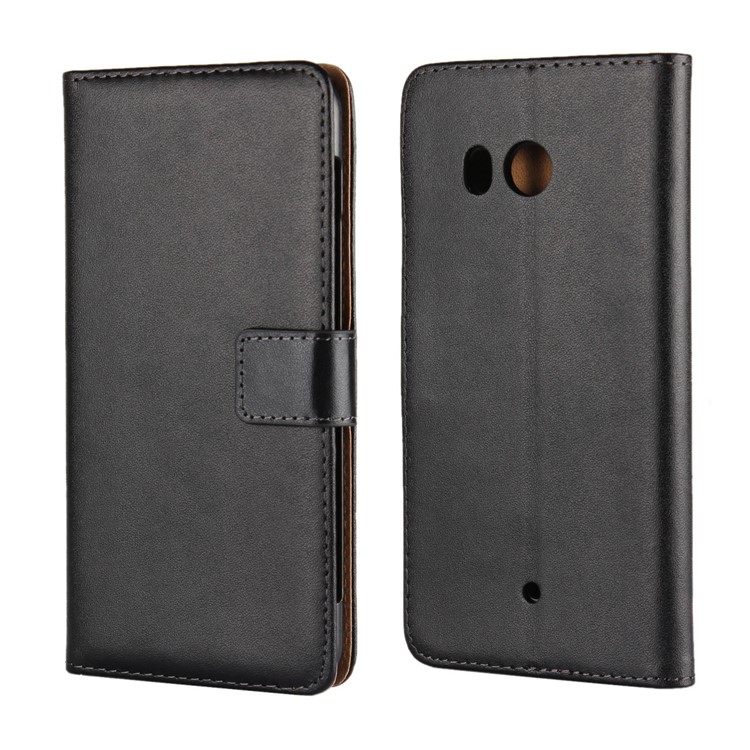 Genuine Split Leather Wallet Stand Case for HTC U11 - Black-1