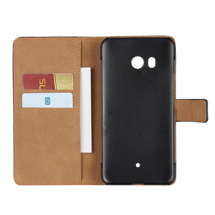 Genuine Split Leather Wallet Stand Case for HTC U11 - Black-4