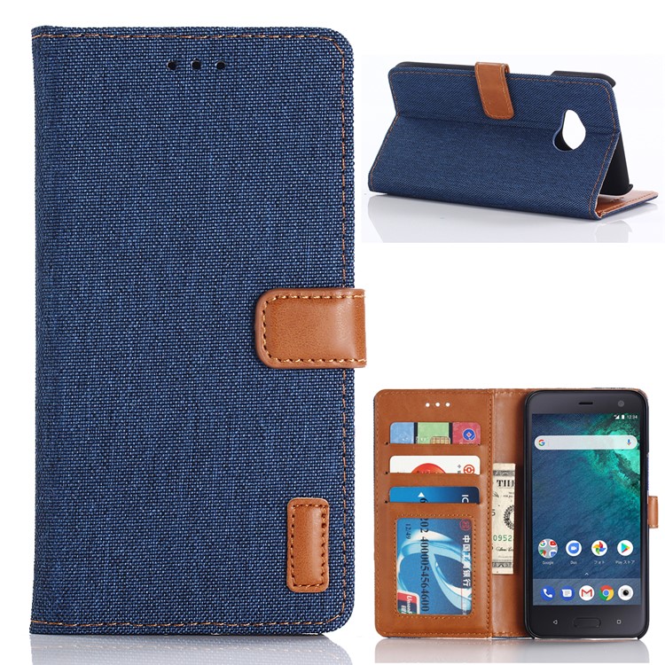 Jeans Cloth Wallet PU Leather Stand Phone Case for HTC X2 - Dark Blue-1