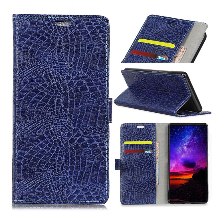 For HTC Desire 12 Crocodile Grain Leather Wallet Stand Case Accessory - Dark Blue-1