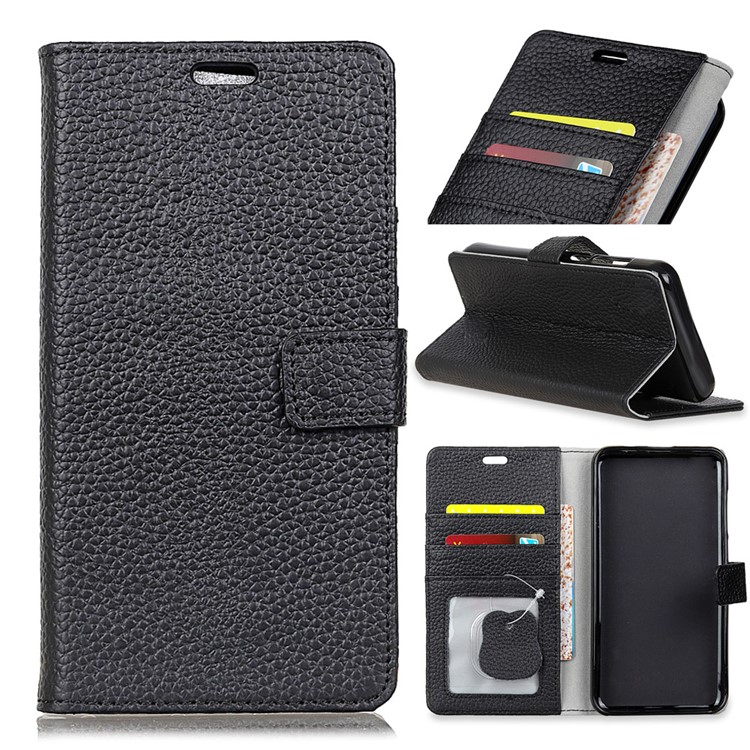 For HTC Desire 12 Litchi Grain Genuine Leather Wallet Stand Magnetic Mobile Casing - Black-1