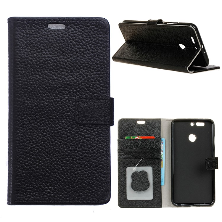 Litchi Texture Genuine Leather Wallet Stand Case for HTC Desire 12+ / 12 Plus - Black-1