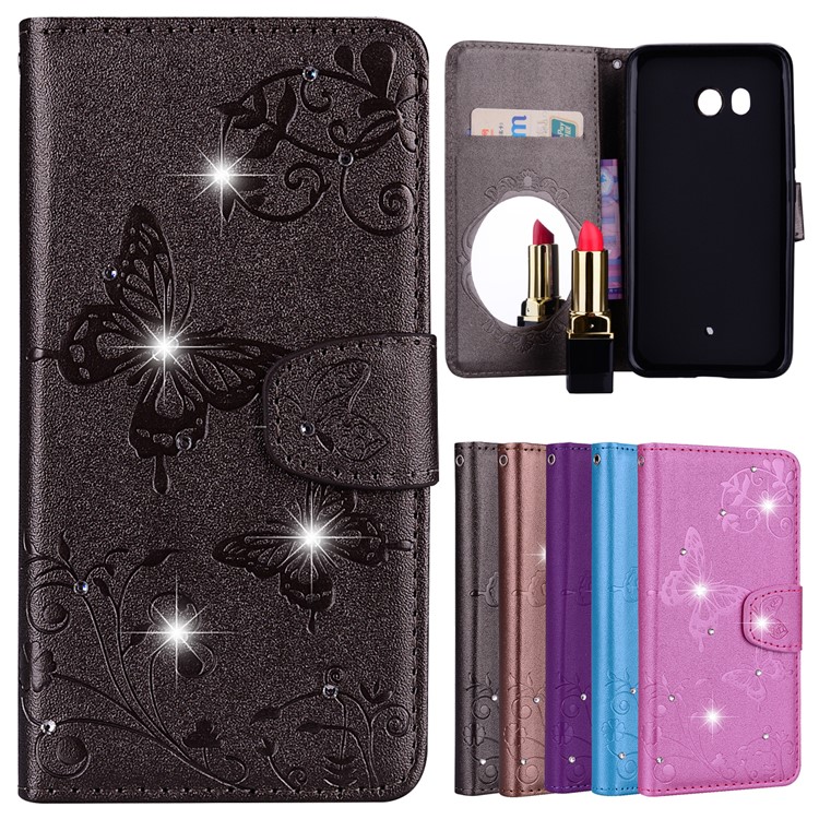 Imprinted Butterfly Flower Pattern Rhinestone Leather Wallet Case for HTC U11 - Black-1