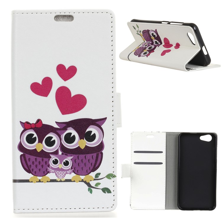 Pattern Printing Stand Leather Wallet Mobile Case for HTC Desire 12 - Sweet Owl Family-1