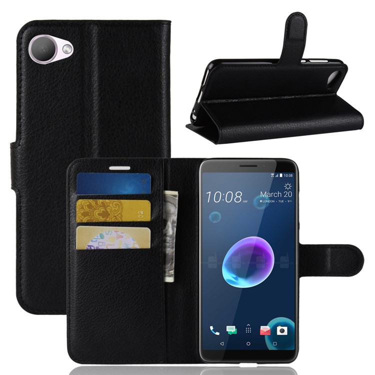 Litchi Skin Wallet Leather Stand Case for HTC Desire 12 - Black-1