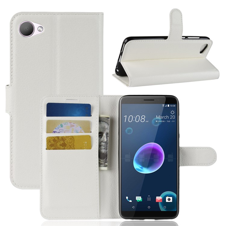 Litchi Skin Wallet Leather Stand Cover for HTC Desire 12 - White-1