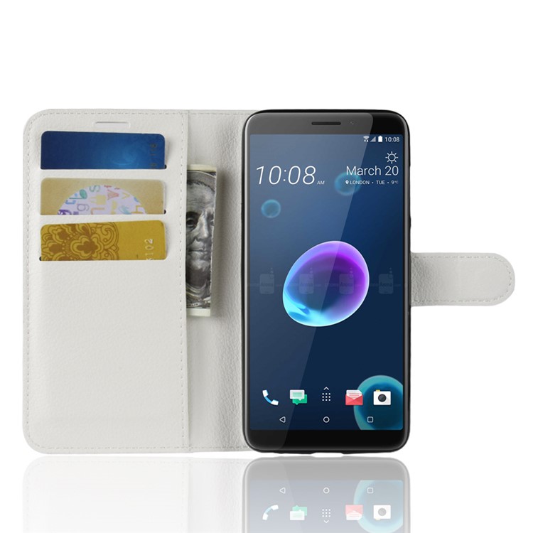 Litchi Skin Wallet Leather Stand Cover for HTC Desire 12 - White-4