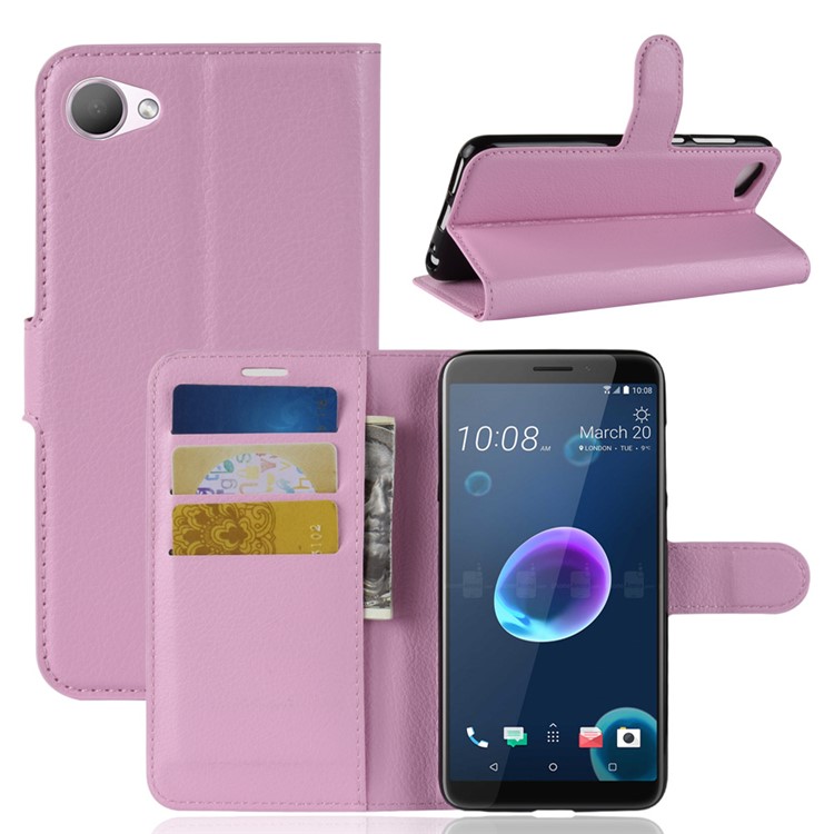 Litchi Skin Magnetic Leather Stand Cover for HTC Desire 12 - Pink-1