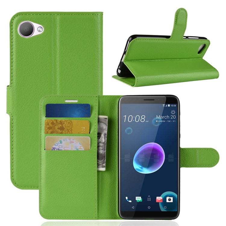 Litchi Skin Leather Stand Case with Card Slots for HTC Desire 12 - Green-1
