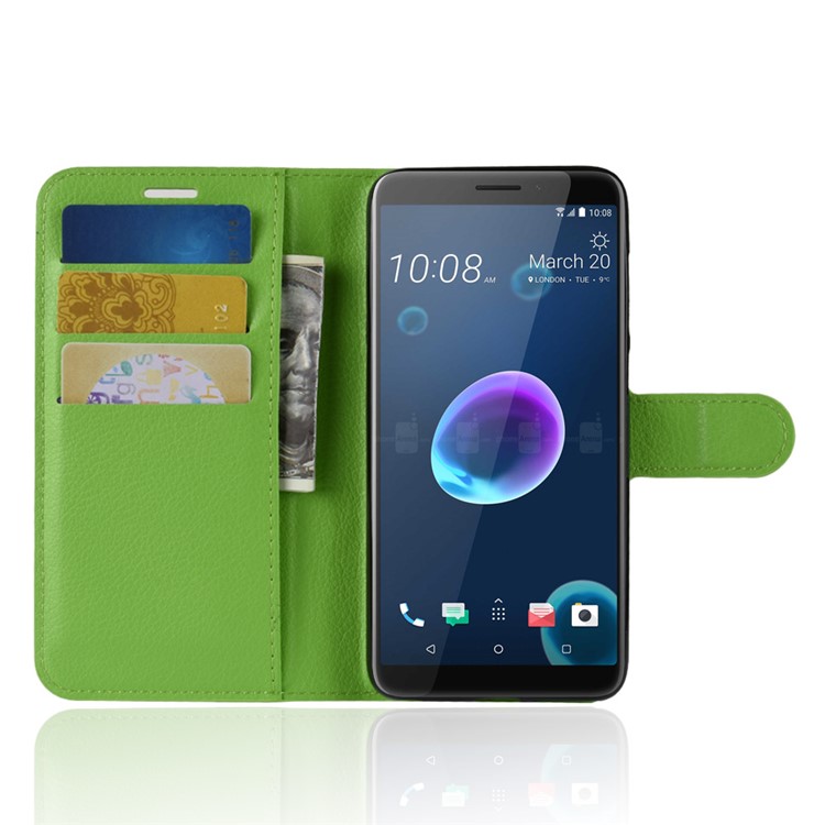 Litchi Skin Leather Stand Case with Card Slots for HTC Desire 12 - Green-4