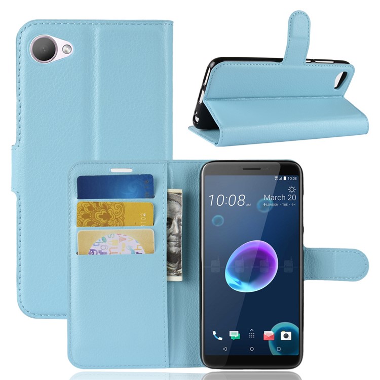 Litchi Skin Leather Stand Cover with Card Slots for HTC Desire 12 - Dark Blue-1