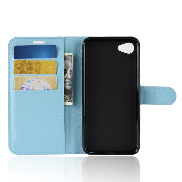 Litchi Skin Leather Stand Cover with Card Slots for HTC Desire 12 - Dark Blue-3