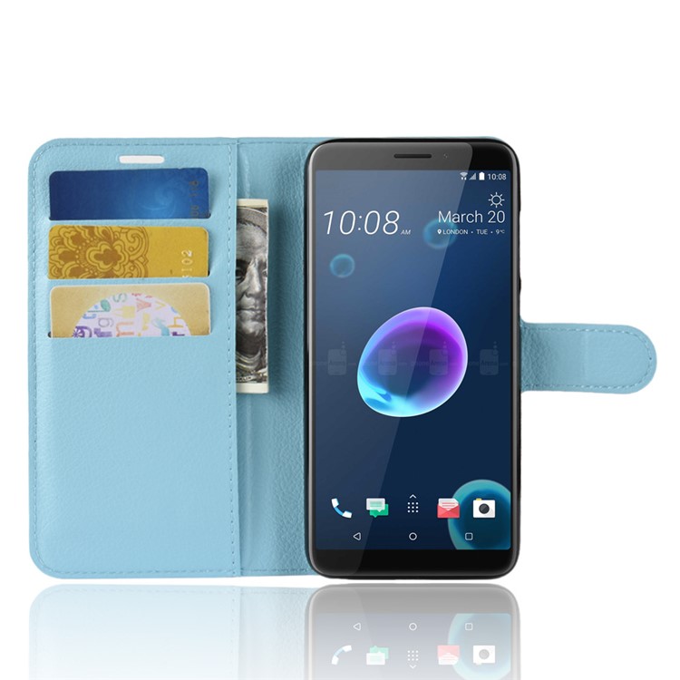 Litchi Skin Leather Stand Cover with Card Slots for HTC Desire 12 - Dark Blue-4