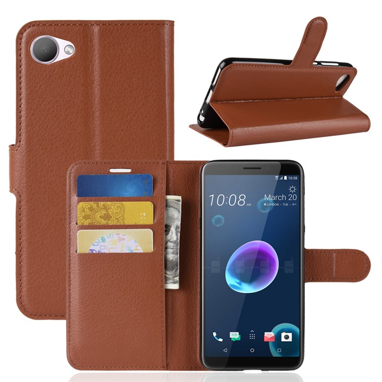 Litchi Skin Wallet Leather Cover with Stand for HTC Desire 12 - Brown-1