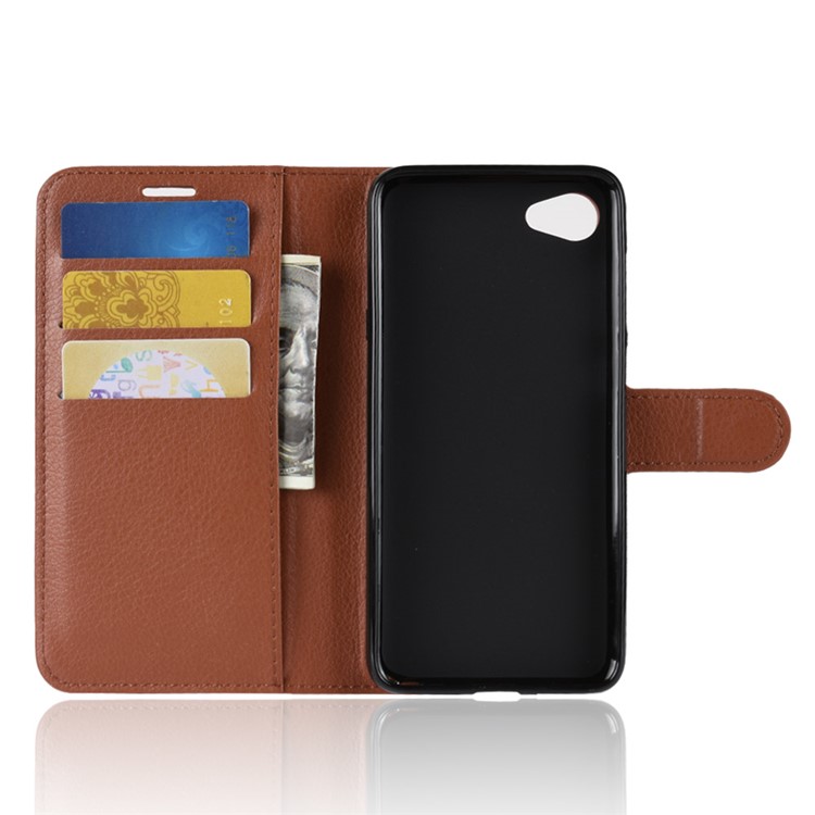 Litchi Skin Wallet Leather Cover with Stand for HTC Desire 12 - Brown-3