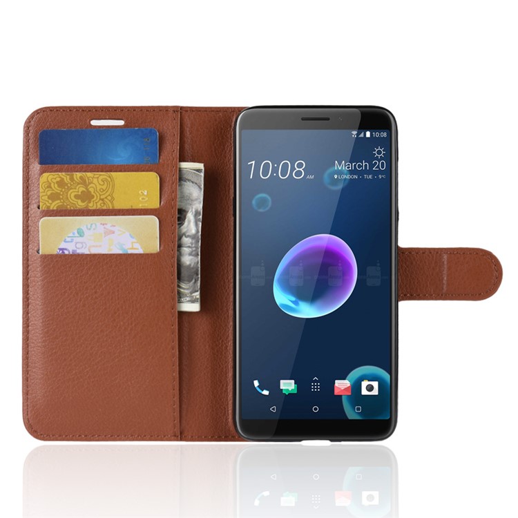 Litchi Skin Wallet Leather Cover with Stand for HTC Desire 12 - Brown-4