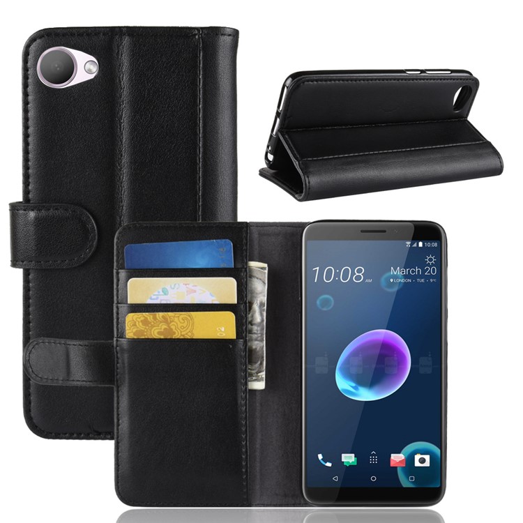 Genuine Split Leather Card Holder Stand Phone Cover for HTC Desire 12 - Black-1