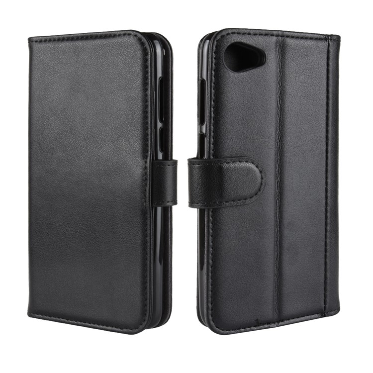 Genuine Split Leather Card Holder Stand Phone Cover for HTC Desire 12 - Black-2