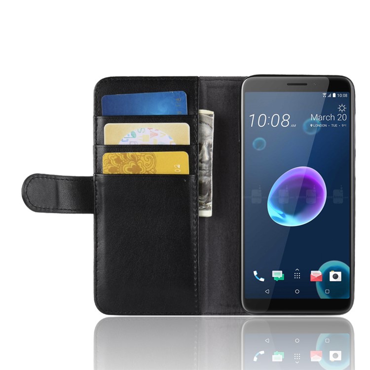 Genuine Split Leather Card Holder Stand Phone Cover for HTC Desire 12 - Black-6