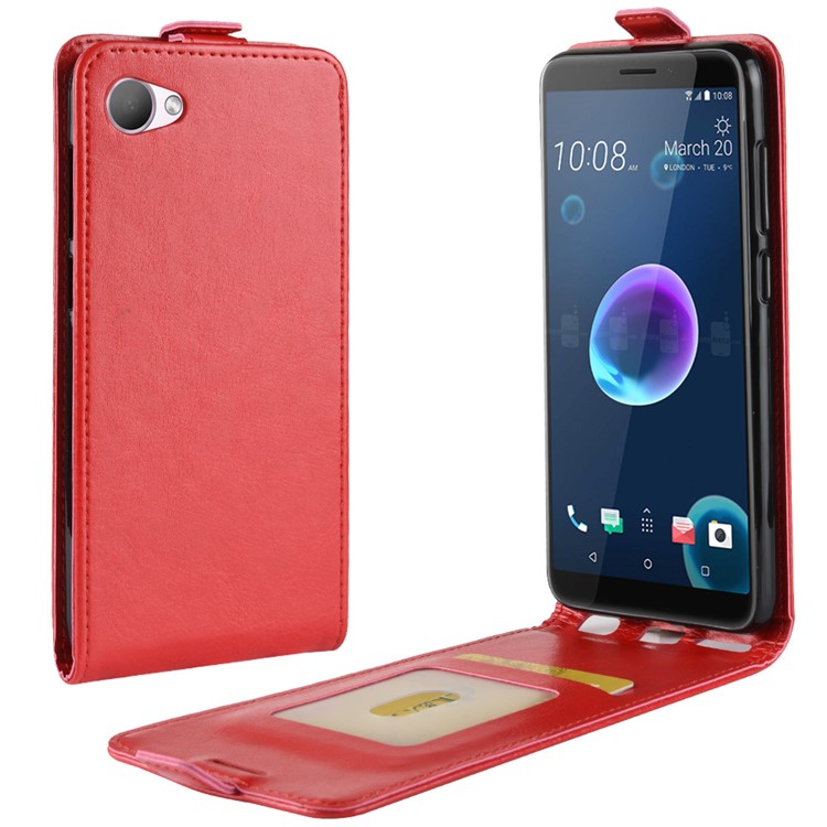 Crazy Horse Vertical Flip Leather Phone Cover Casing with Card Holder for HTC Desire 12 - Red-1
