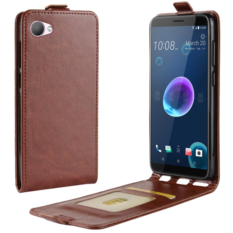 Crazy Horse Vertical Flip Leather Phone Accessory Casing with Card Holder for HTC Desire 12 - Brown-1
