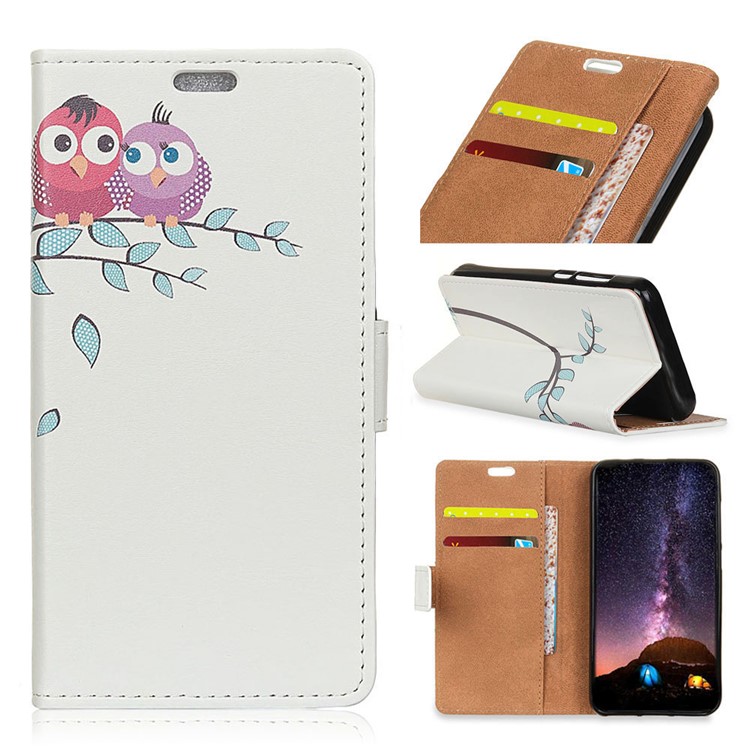 Pattern Printing Wallet Leather Stand Cover for HTC U12+ - Two Owls on the Tree Branch-1