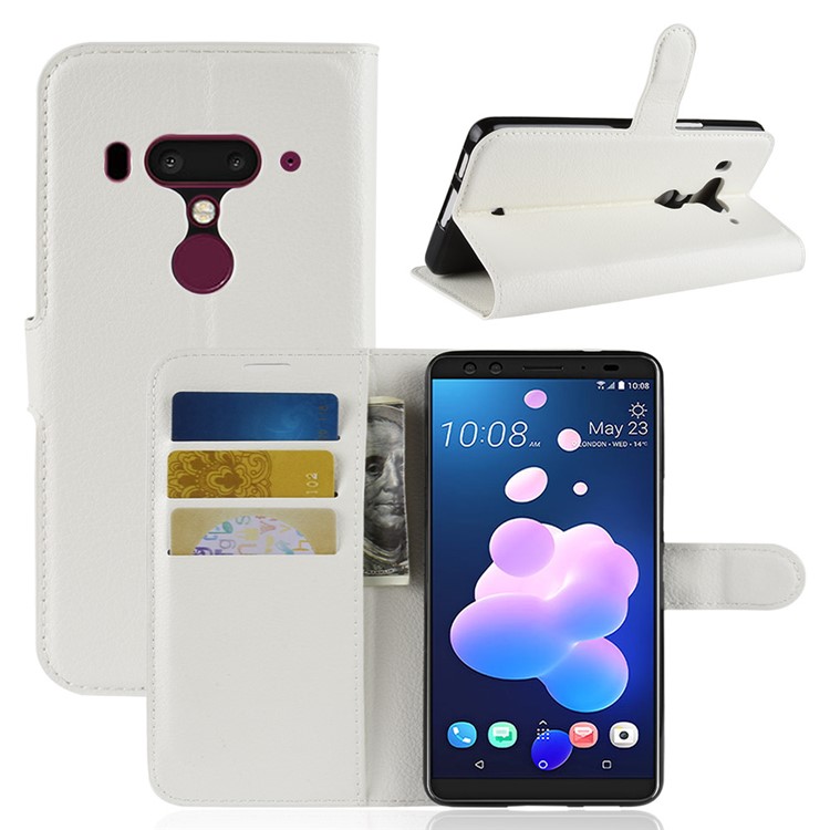 Litchi Grain Wallet Stand Leather Phone Magnetic Cover for HTC U12+ - White-1