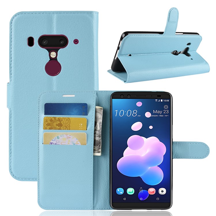 Litchi Texture Wallet Stand Leather Protction Cover Shell for HTC U12+ - Blue-1