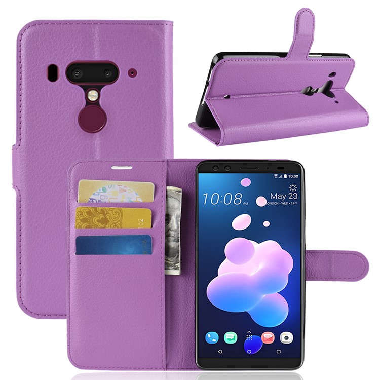 Litchi Texture Leather Wallet Stand Phone Casing for HTC U12+ - Purple-1