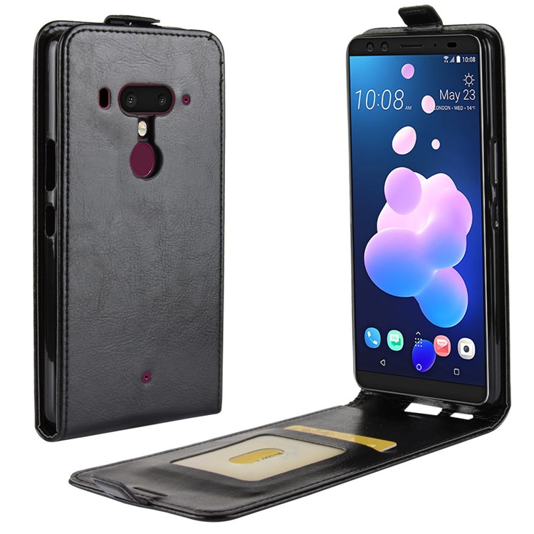 For HTC U12+ Crazy Horse Leather Vertical Flip Card Holder Case - Black-1