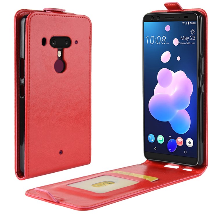 For HTC U12+ Crazy Horse Leather Vertical Flip Card Holder Phone Casing - Red-1