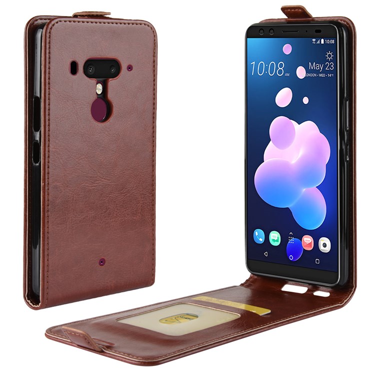 For HTC U12 Plus Crazy Horse Leather Vertical Flip Card Holder Protective Shell - Brown-1