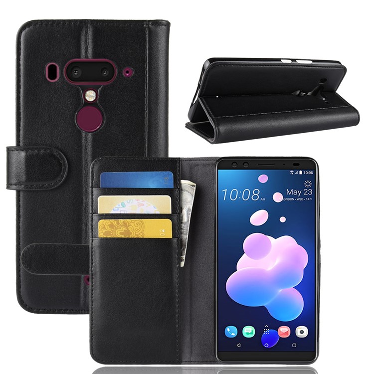 Genuine Split Leather Wallet Stand Case for HTC U12+ - Black-1