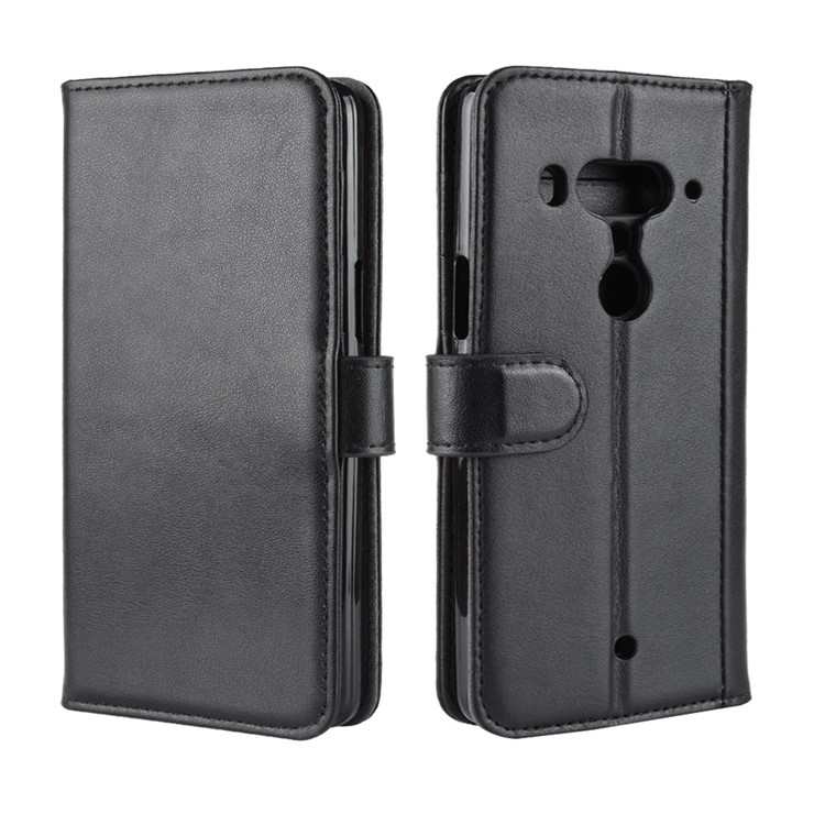 Genuine Split Leather Wallet Stand Case for HTC U12+ - Black-2