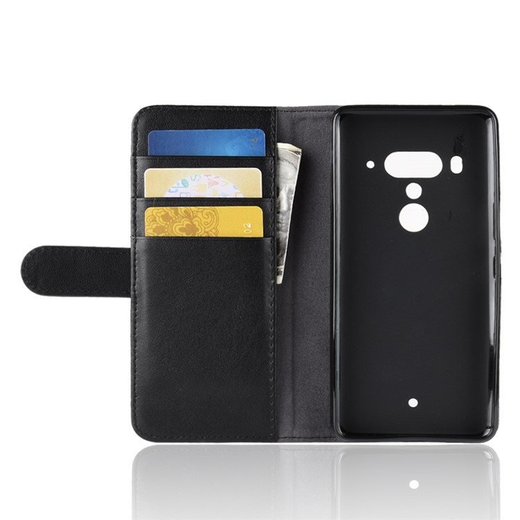 Genuine Split Leather Wallet Stand Case for HTC U12+ - Black-5