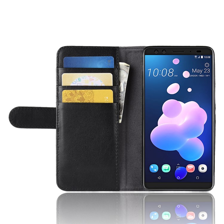 Genuine Split Leather Wallet Stand Case for HTC U12+ - Black-6