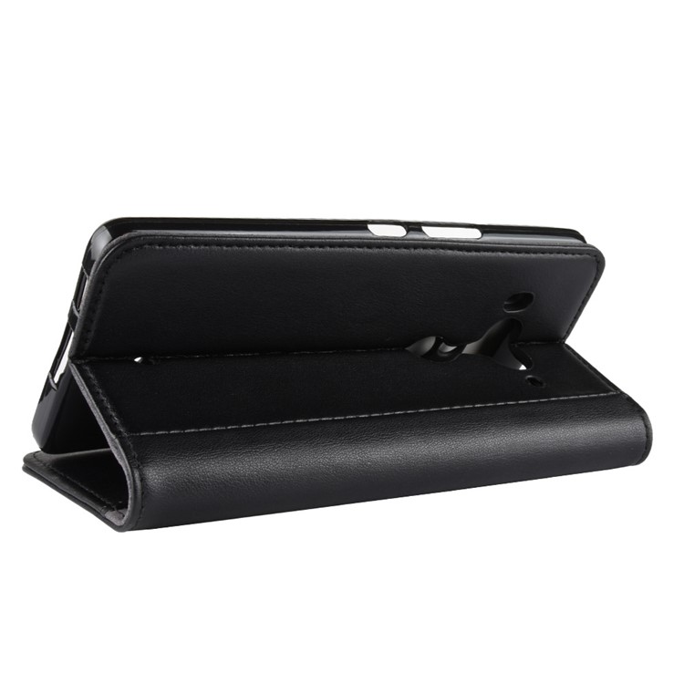 Genuine Split Leather Wallet Stand Case for HTC U12+ - Black-7