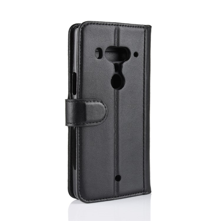 Genuine Split Leather Wallet Stand Case for HTC U12+ - Black-8