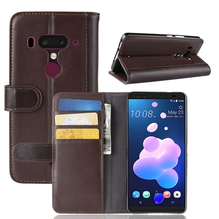 Genuine Split Leather Wallet Stand Cover for HTC U12+ - Brown-1