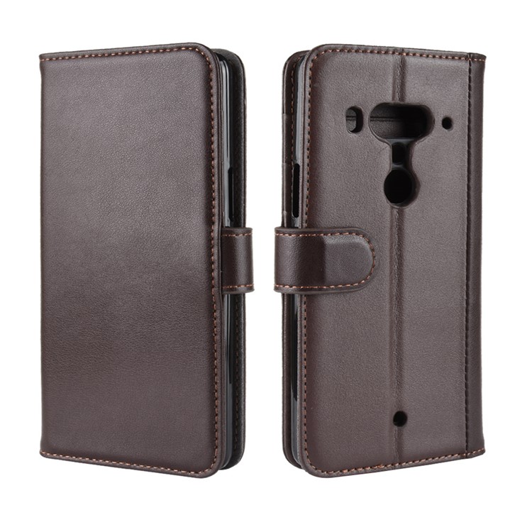 Genuine Split Leather Wallet Stand Cover for HTC U12+ - Brown-2