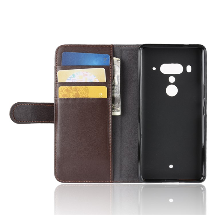 Genuine Split Leather Wallet Stand Cover for HTC U12+ - Brown-5