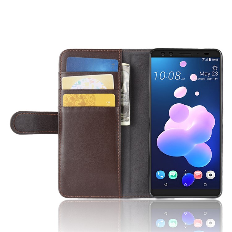 Genuine Split Leather Wallet Stand Cover for HTC U12+ - Brown-6