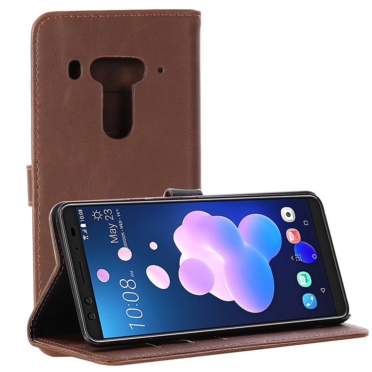 Retro Style Crazy Horse Texture Leather Magnetic Stand Wallet Casing for HTC U12 Plus - Coffee-1