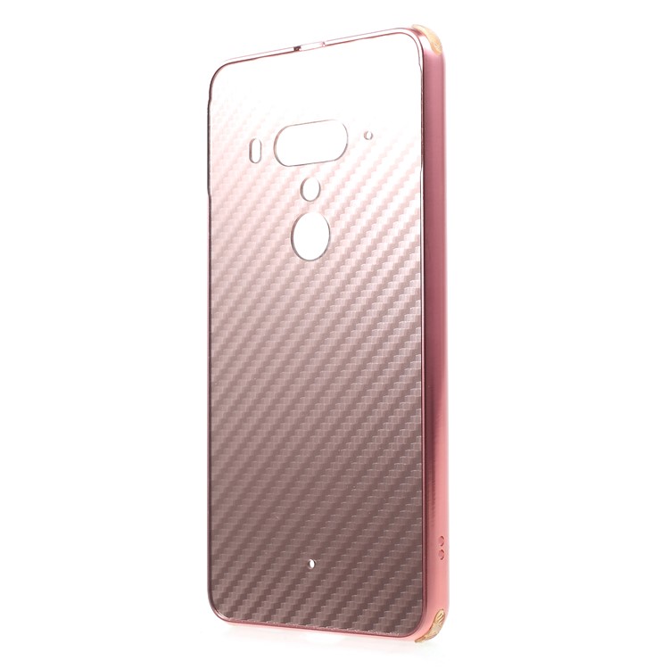 Slide-on Carbon Fiber PC Plate + Metal Bumper Hybrid Mobile Cover for HTC U12+ - Rose Gold-2