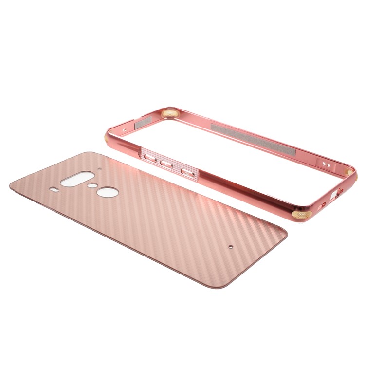 Slide-on Carbon Fiber PC Plate + Metal Bumper Hybrid Mobile Cover for HTC U12+ - Rose Gold-5